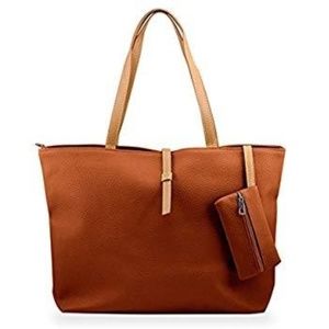 BROWN PU LEATHER TOTE BAG WITH A MINI POUCH NEW